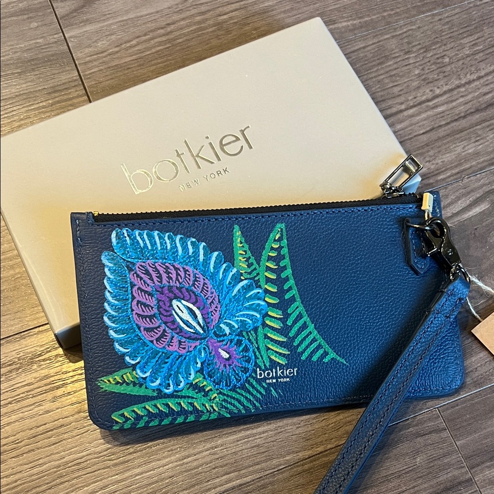 Botkier Cobble Hill Wristlet Wallet Clutch • Hand-Painted Blue Floral • NWT
